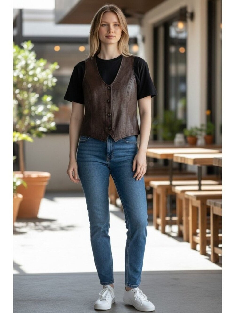 New York & Company Womens Faux Leather Button-Up Vest Brown Small